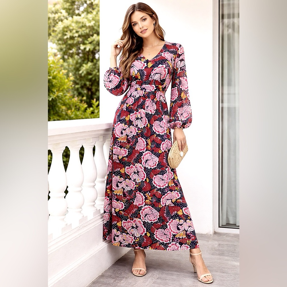 Boden Metallic Detail Maxi Dress Petal Stamp Print Size 8 Boho Floral